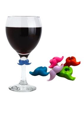 Joie 6 Piece Colored Silicone Mustache Charm Wine Glass Markers Set
